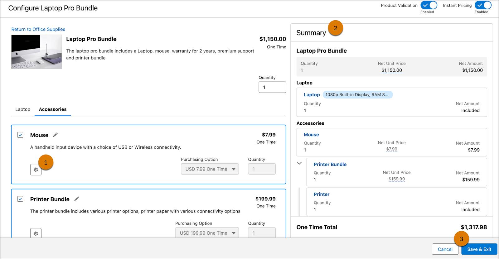 Laptop Pro バンドルの設定ページ。