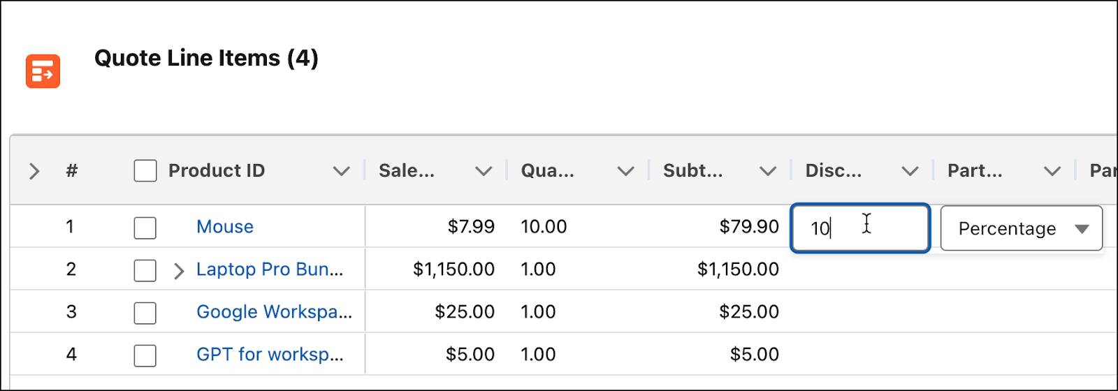 The Discount column showing the in-line edit feature in TLE.
