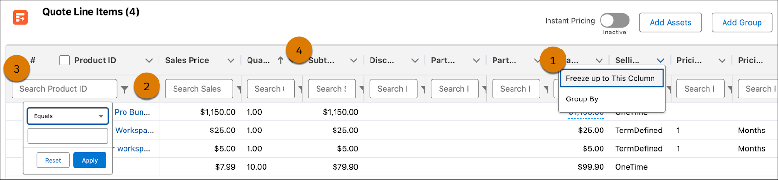 列の固定、検索条件、検索、並べ替えオプションが表示された [Quote Line Items (見積品目)] セクション。