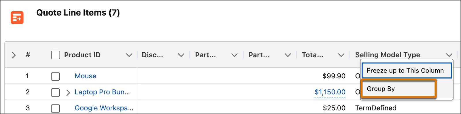 列ヘッダーメニューの [Group By (グループ化単位)] オプション。