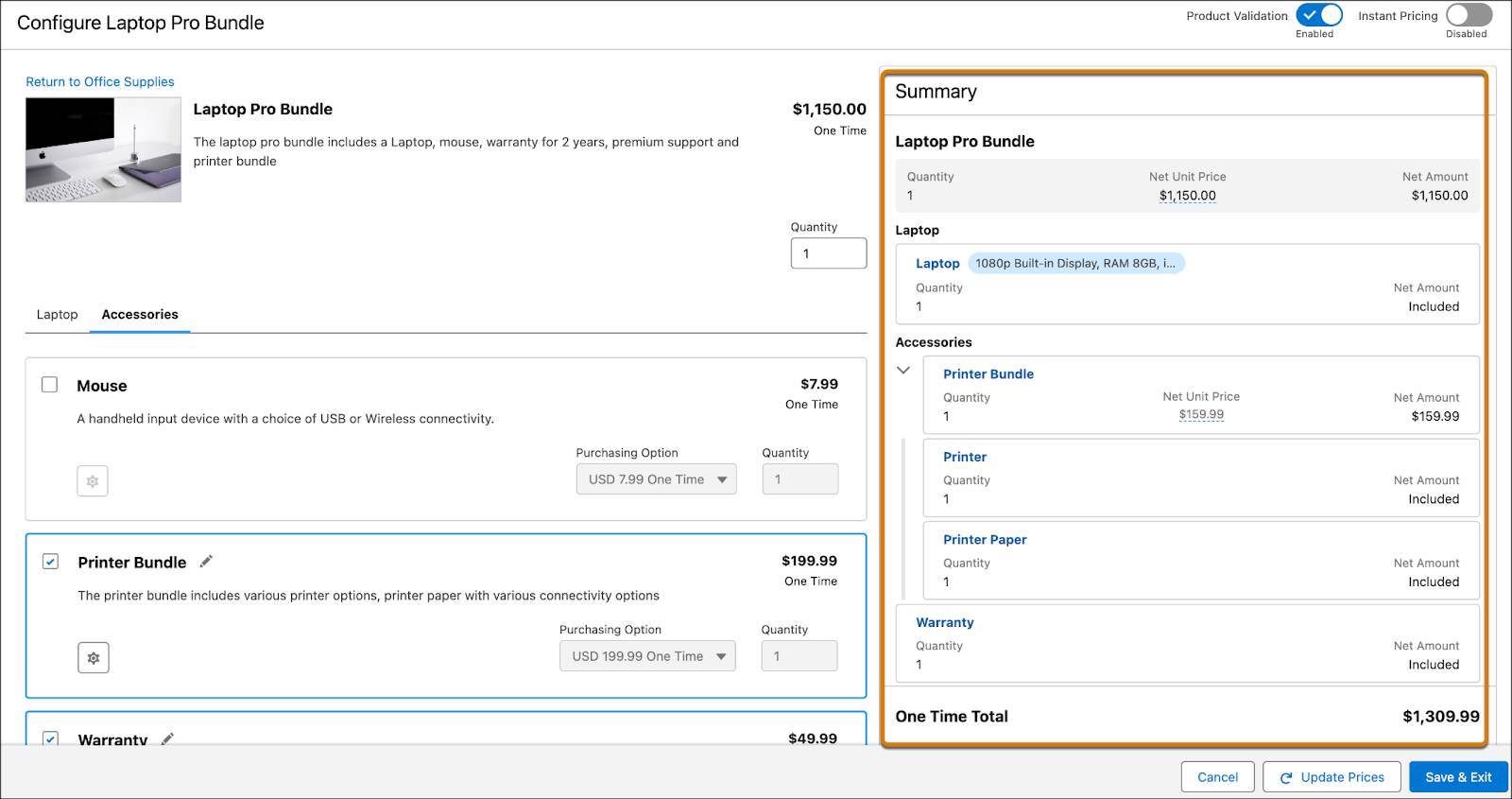 [Mouse (マウス)] 商品を削除後の [Configure Laptop Pro Bundle (Laptop Pro バンドルを設定)] ページ。