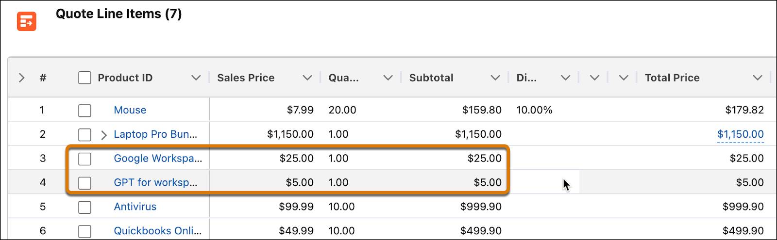 派生商品の価格が表示されている [Quote Line Items (見積品目)] セクション。