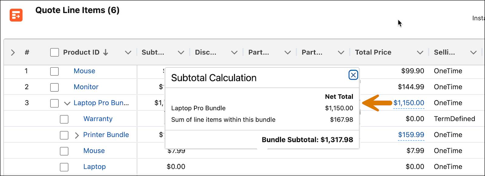 [Total Price (合計金額)] 項目にマウスポインターを置いた際に表示されるバンドル商品の価格ウォーターフォールウィンドウ。