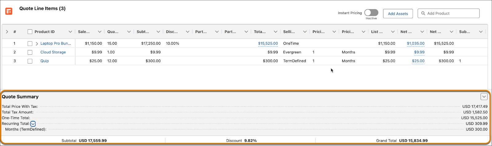 見積の [Quote Summary (見積概要)] セクション。