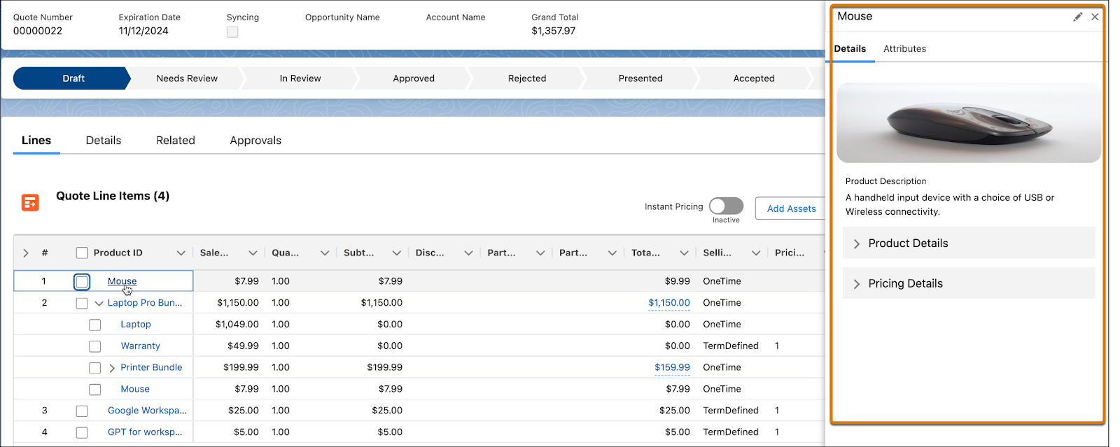 [Mouse (マウス)] 品目の商品および価格情報が表示されたサイドパネル。