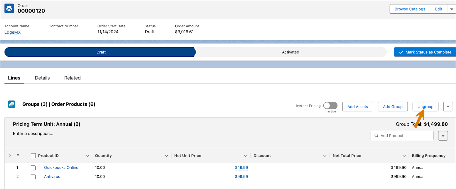 [Ungroup (グループ化解除)] ボタン。