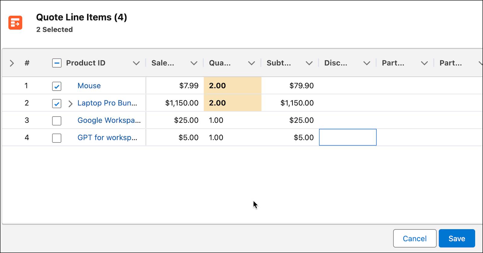 複数の商品に対するインライン編集が表示されている [Quote Line Item (見積品目)] セクション。