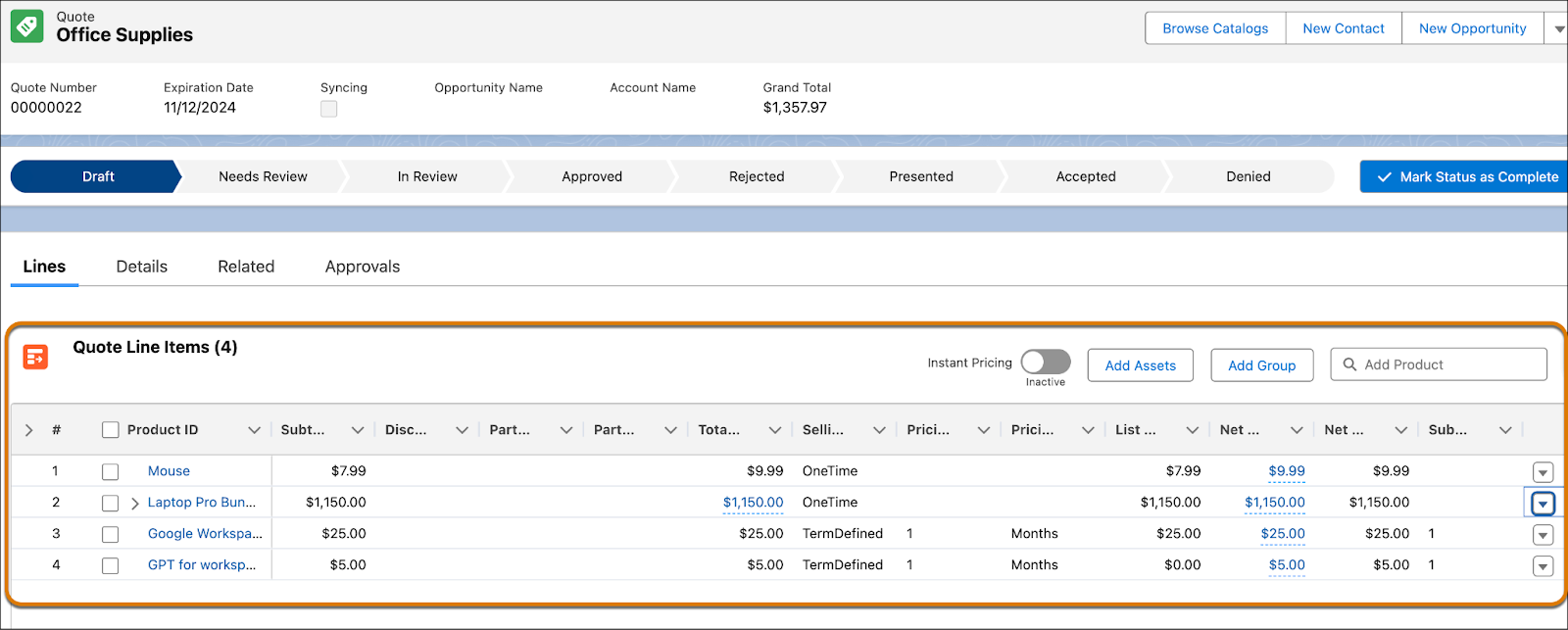 見積の取引品目エディターインターフェース。