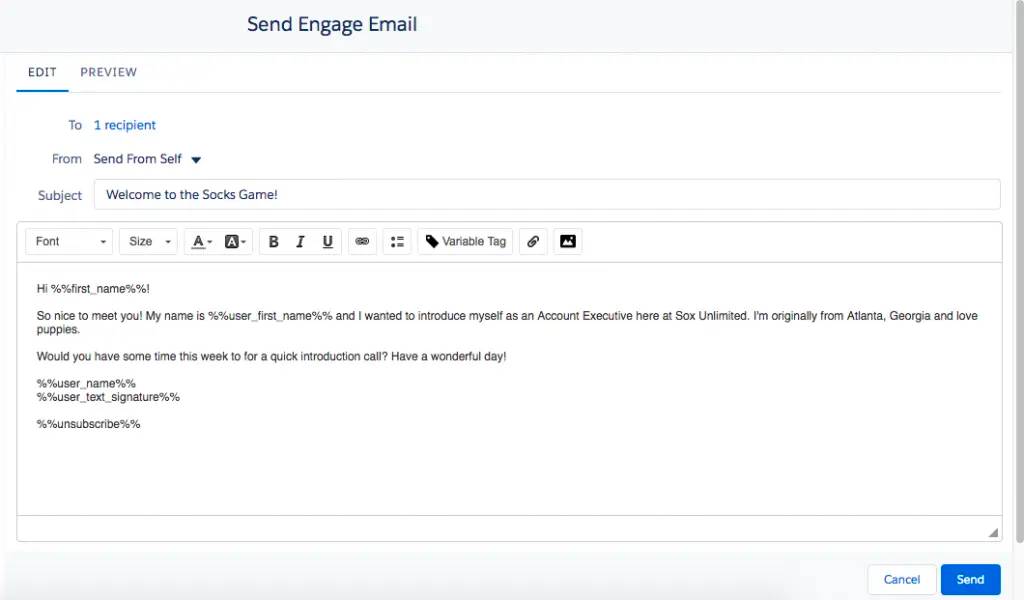 Sample Send Engage Email.