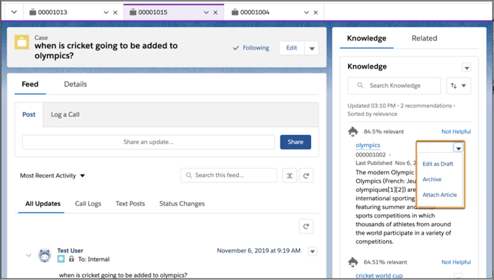 Einstein Article Recommendations example with dropdown options shown: Edit as Draft, Archive, and Attach Article.