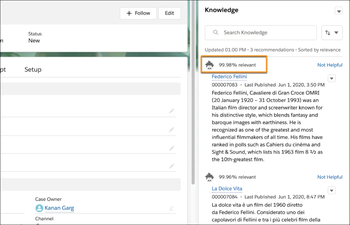 A case record showing the Knowledge sidebar where Einstein Article Recommendations appear.