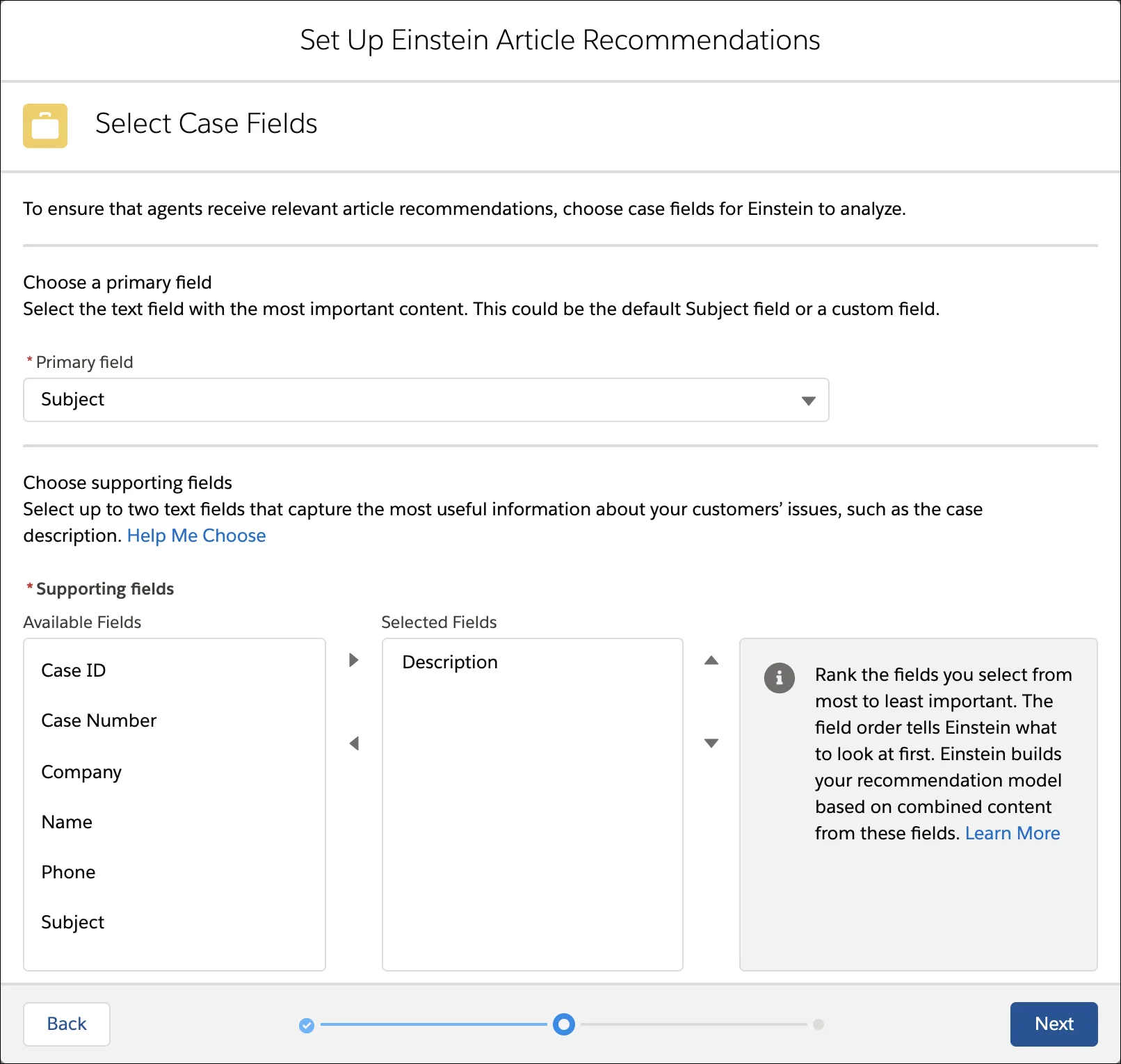 Einstein Article Recommendations select case fields screen with Internal Comments and Description as the selected fields.