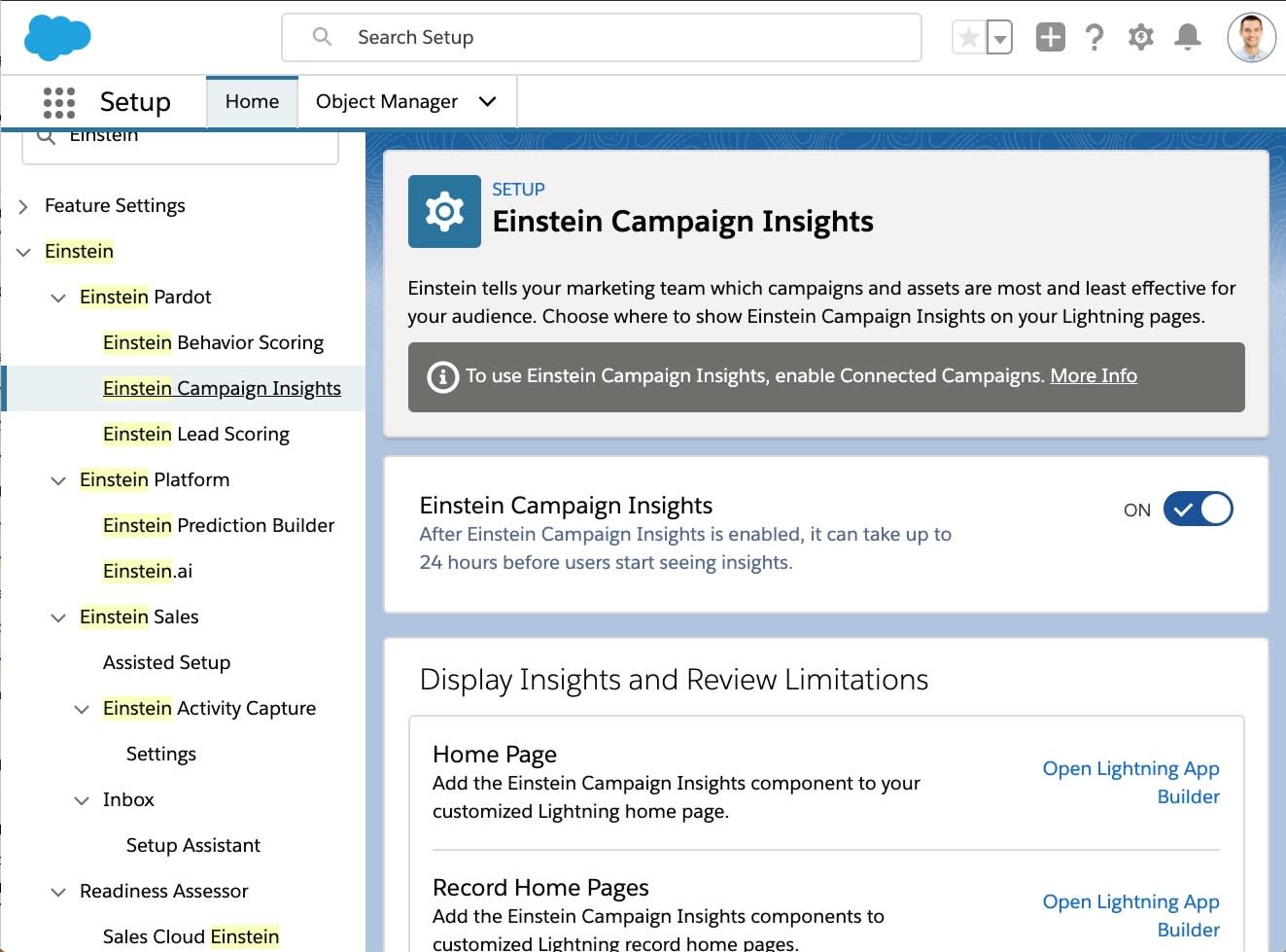 Einstein Campaign Insights enabled in the Setup menu.