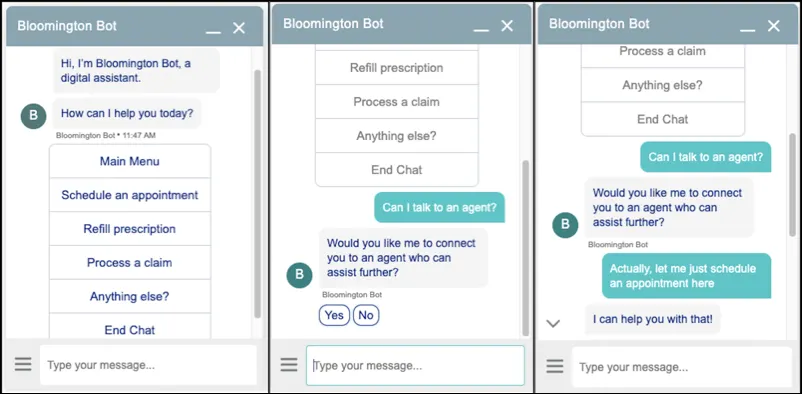 Screenshots of the Bloomington Bot in different stages of conversation