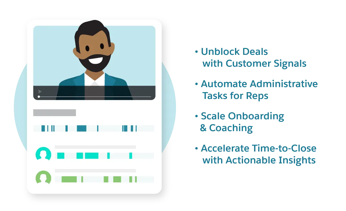 Unblock deals, automate administrative tasks, scale onboarding & coaching, accelerate time-to-close with actionable insights.