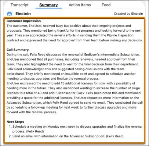 Summary with Call Summary listed.