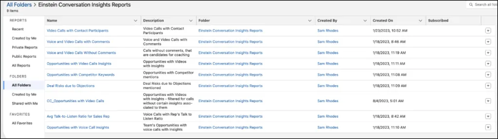 All the options available for Einstein Conversation Insights Reports.