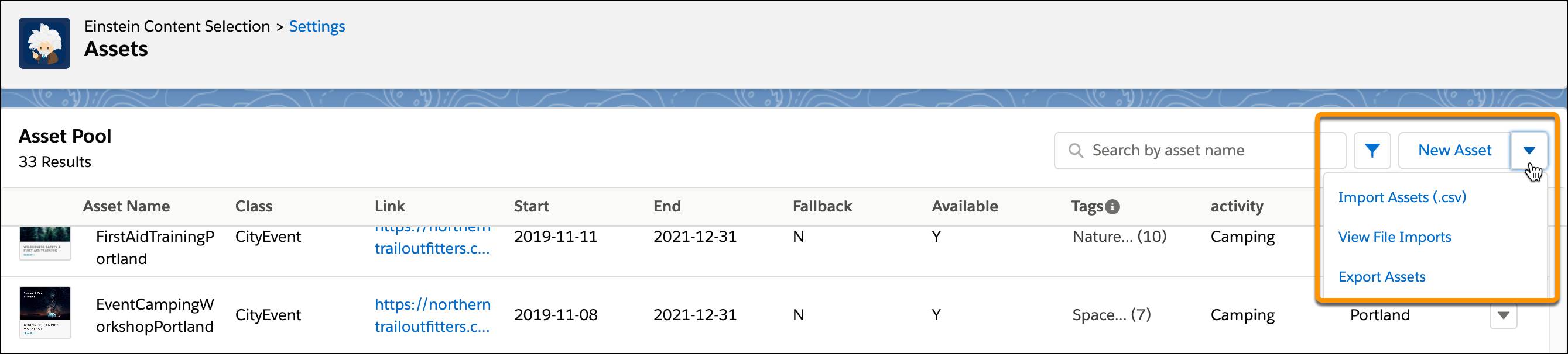 New asset and import asset options from settings.