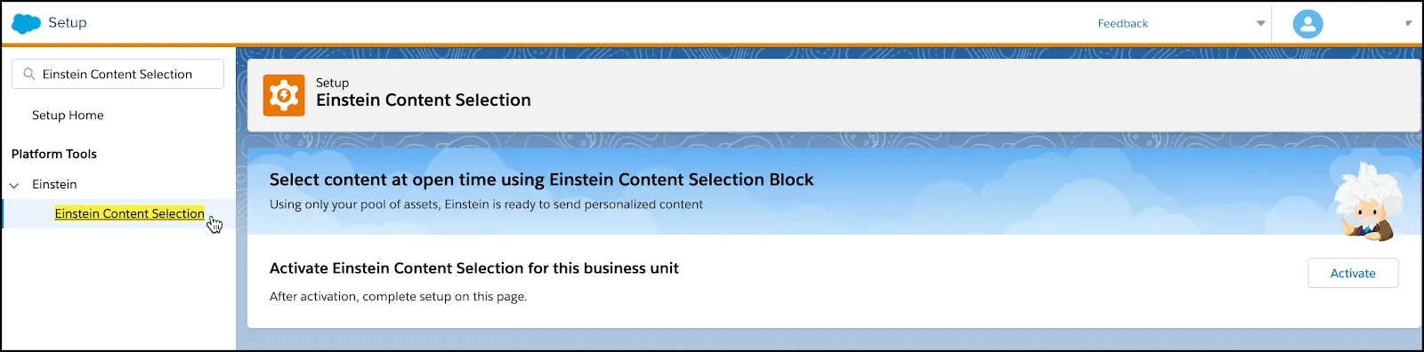 Einstein Content Selection setup screen in Marketing Cloud Engagement.