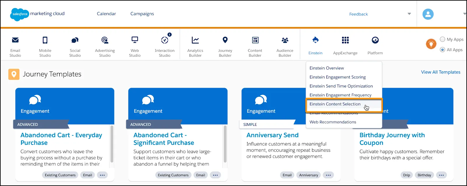 Navigation to Einstein Content Selection from navigation bar.