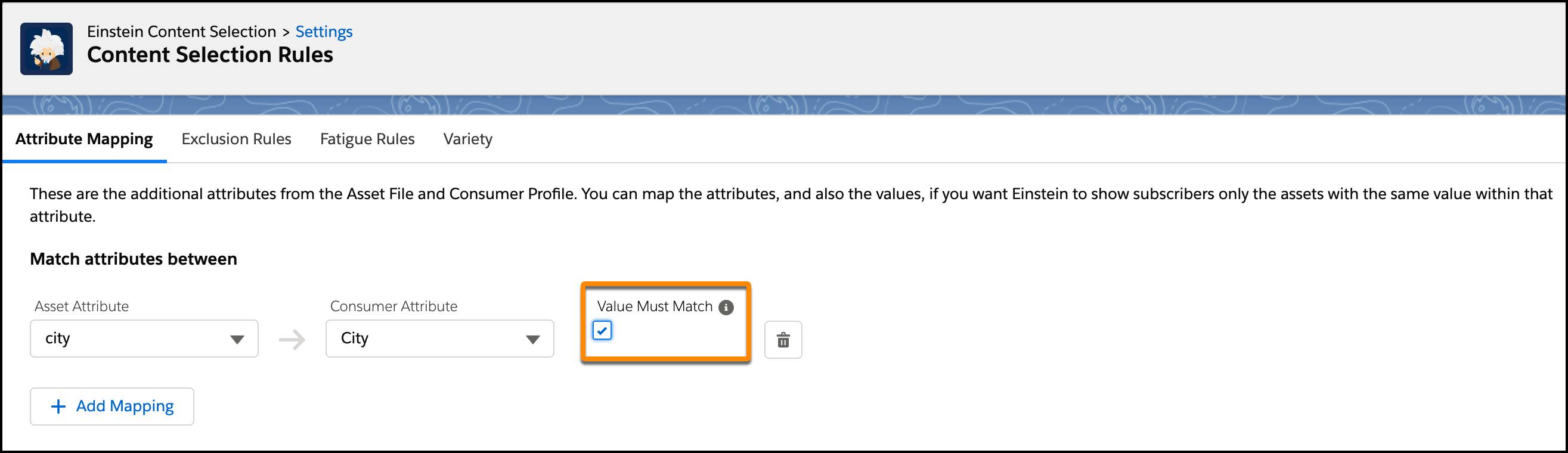 Einstein Content Selection Value Must Match checkbox highlighted.