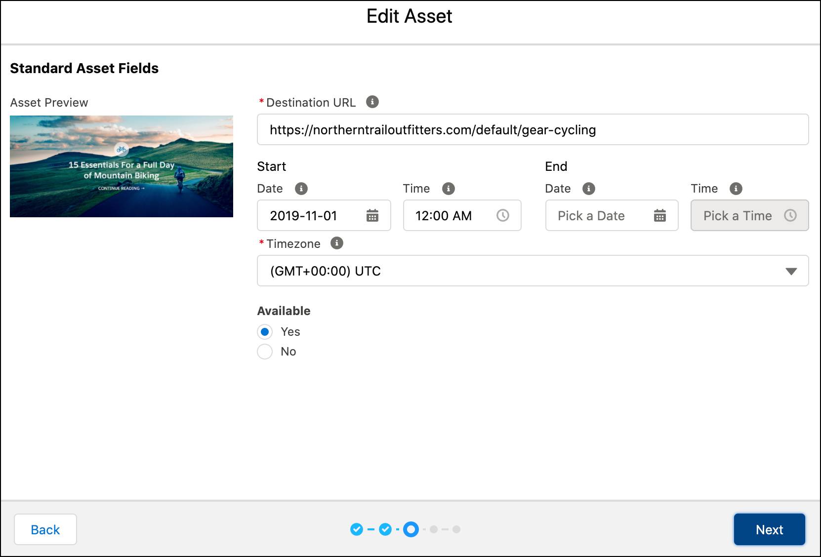 Edit assets with urls, start, end times, and timezone..