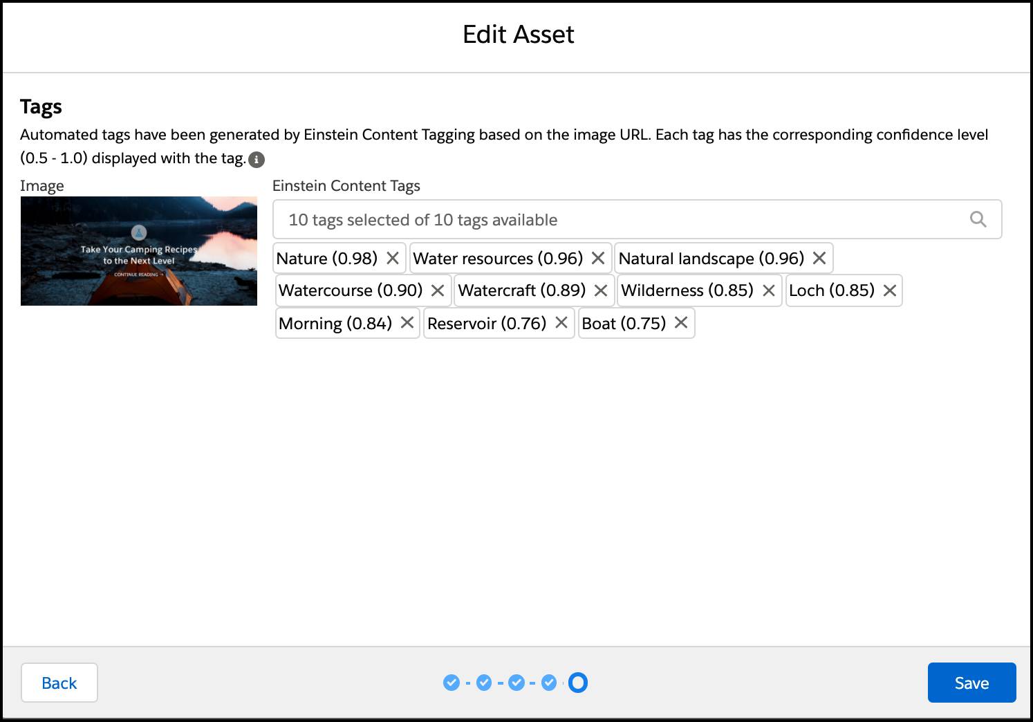 Edit Asset screen for Einstein Content tags.