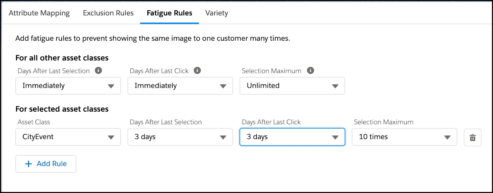 Fatigue rules with CityEvent Asset Class set to wait 3 days after last selection and click before showing the same content.