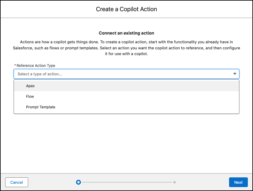 The dropdown list of available action types for a new custom action.