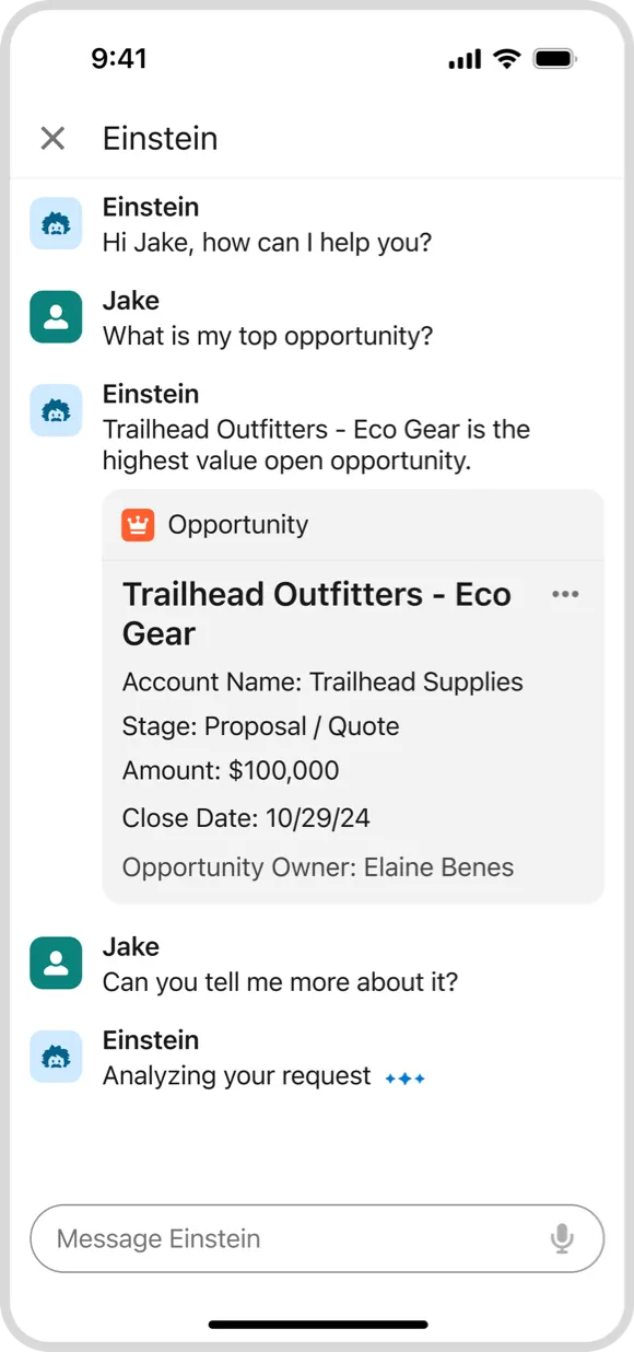 In the conversational UI, a Salesforce mobile user asks Einstein Copilot for their top opportunity, and the copilot shows the opportunity.