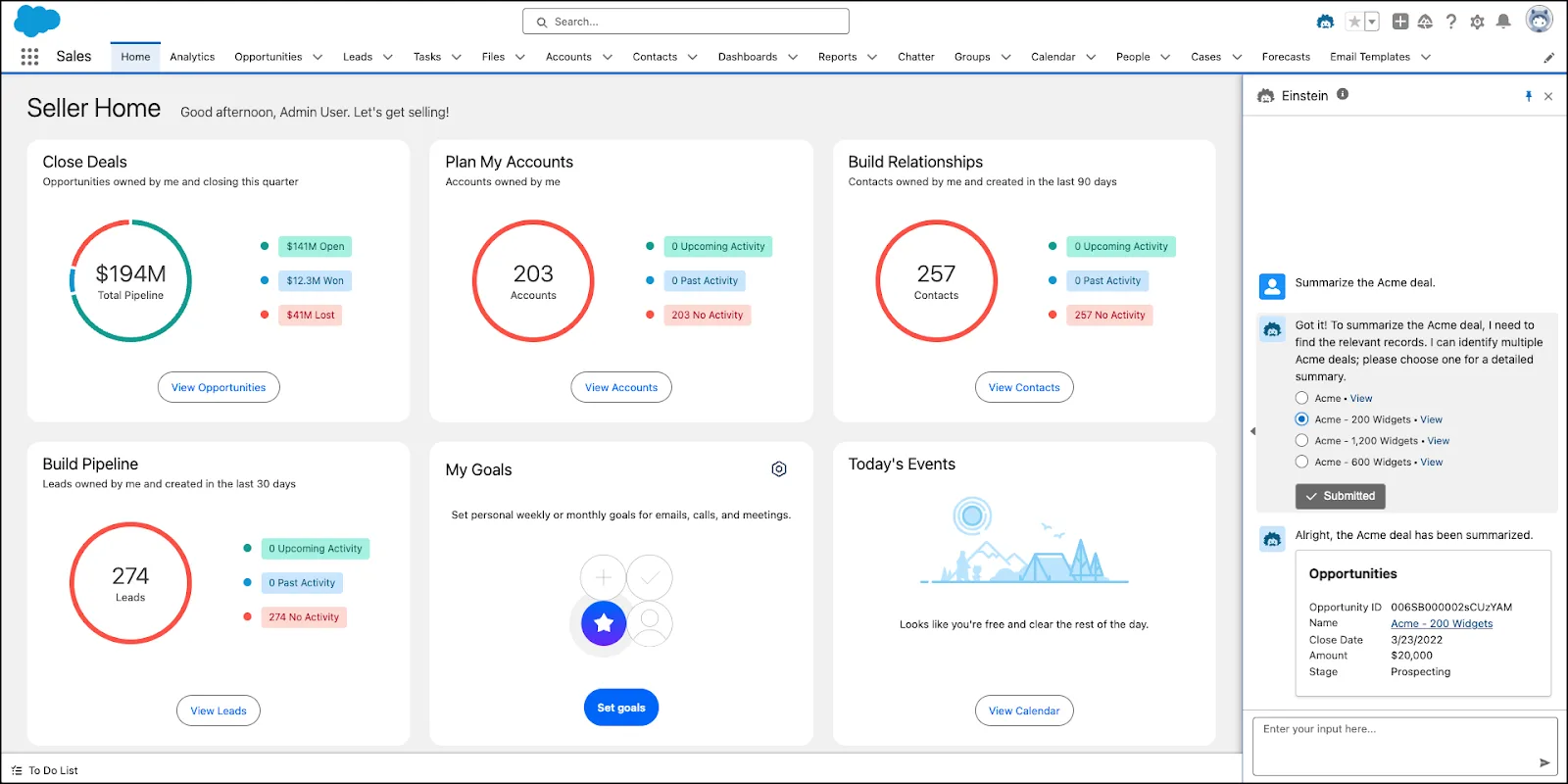 In the conversational UI, a Salesforce desktop user asks Einstein Copilot to summarize a deal, and the copilot returns an opportunity summary.