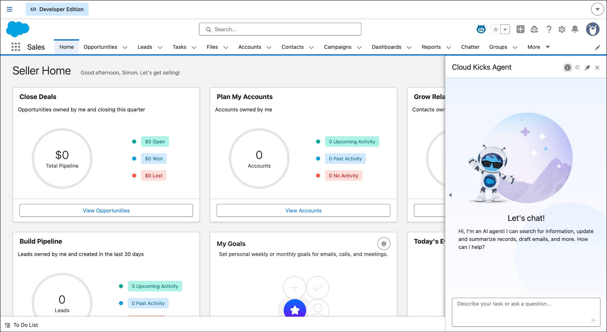 On the Salesforce home page in Lightning Experience, a conversational sidebar is open and an AI agent offers assistance to the Salesforce user.