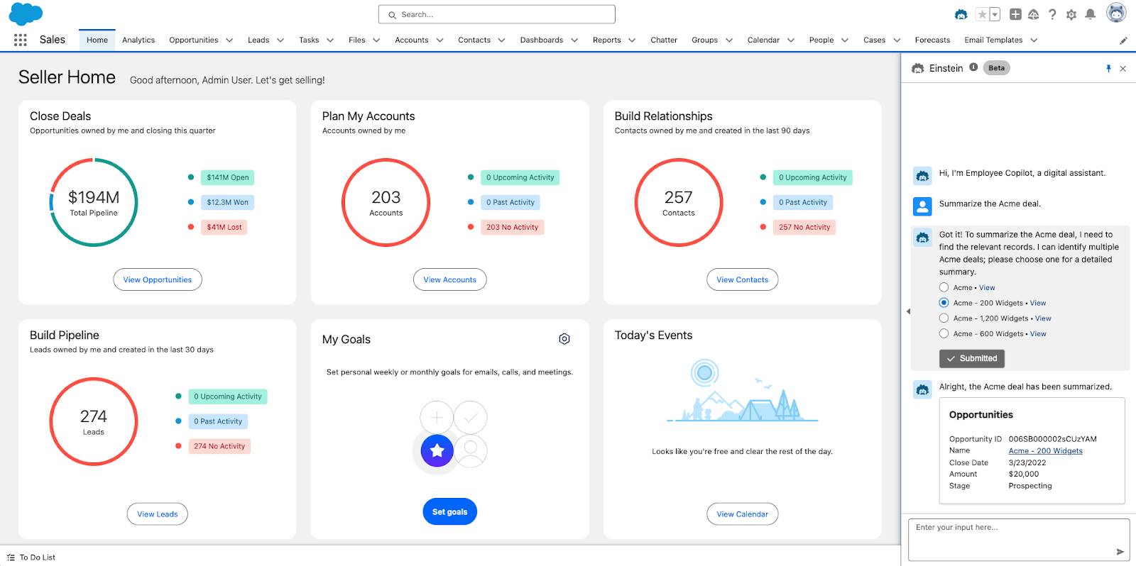 会話型 UI で、Salesforce デスクトップユーザーが Einstein Copilot に商談の要約を要求し、Copilot が商談サマリーを返している。