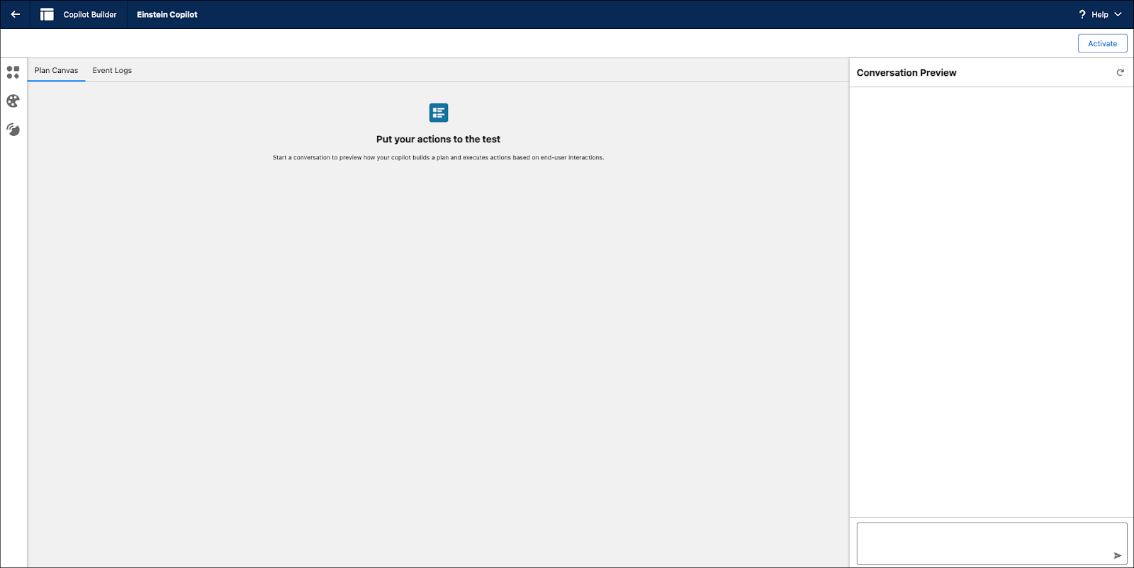 The Copilot Builder user interface, where you can use the Conversation Preview panel to test how the copilot performs.