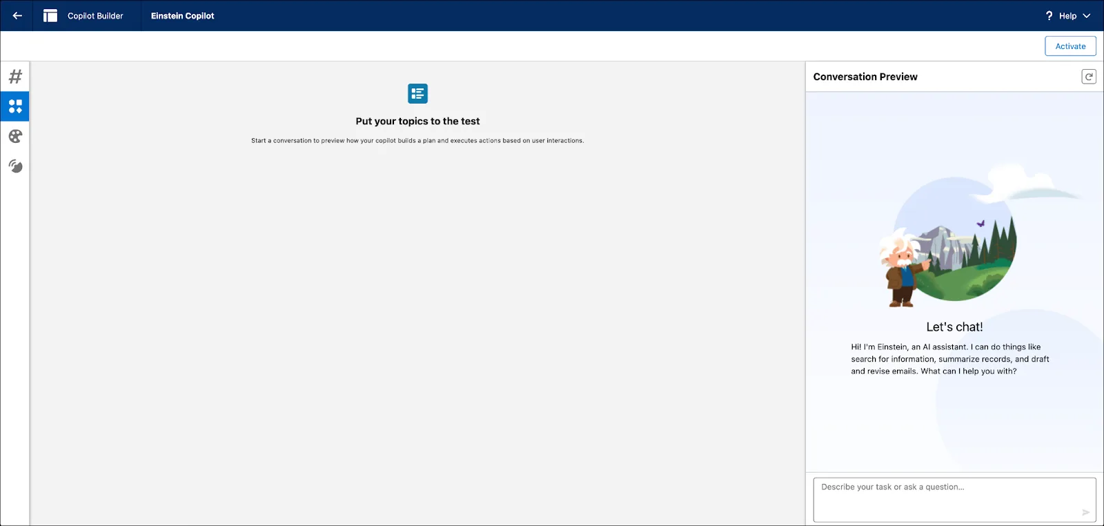 The Agent Builder user interface, where you can use the Conversation Preview panel to test how the assistant performs.