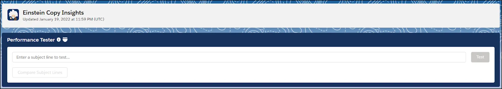 Performance Tester in Einstein Copy Insights with a field for entering your subject line