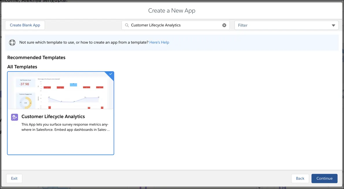 App Template menu with Customer Lifecycle Analytics template highlighted.