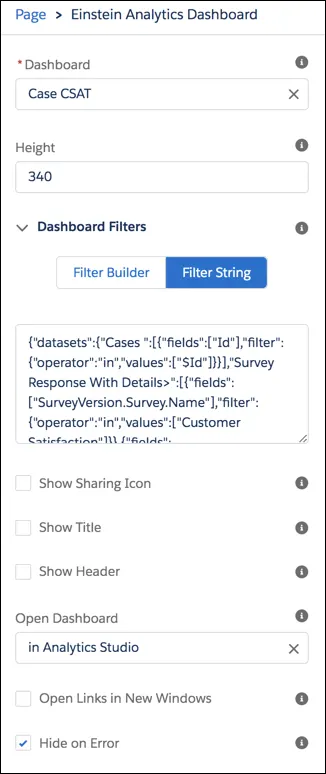 Settings for the Einstein Analytics Dashboard on Case records.