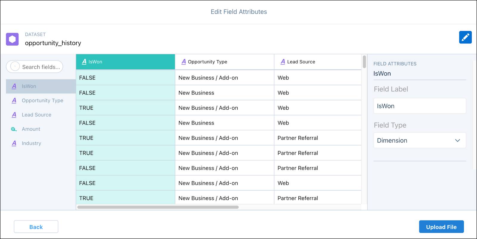 Preview of fields in the CSV file