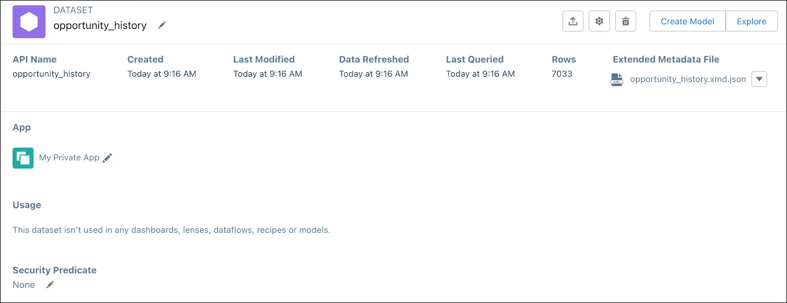 Tela de resumo do novo conjunto de dados opportunity_history criado a partir do arquivo CSV carregado