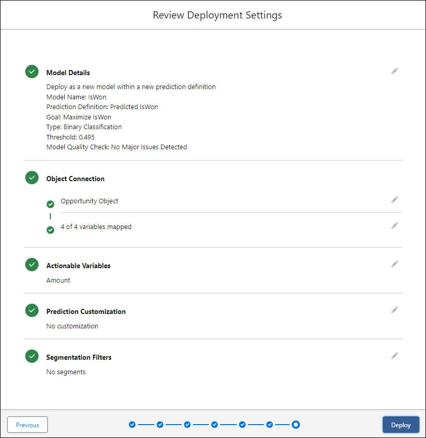 Review Deployment Settings screen with selections