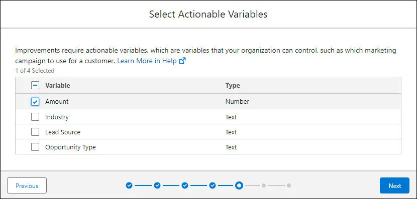 Écran Sélectionner des variables actionnables avec Montant sélectionné
