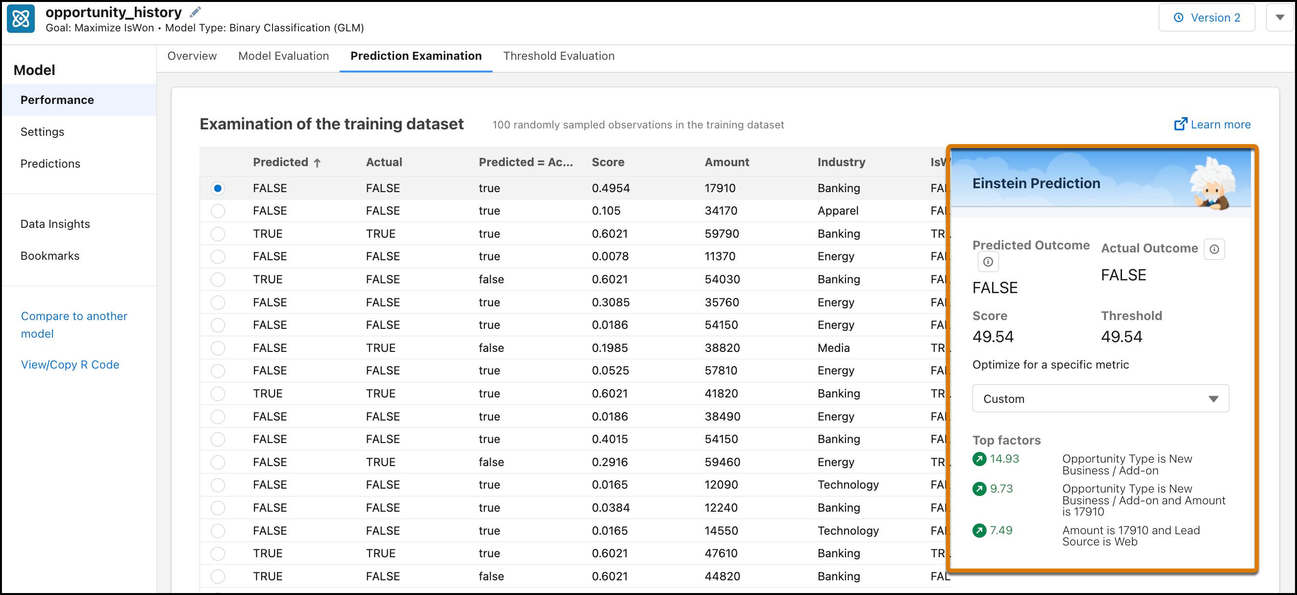 Prediction Examination screen for the model