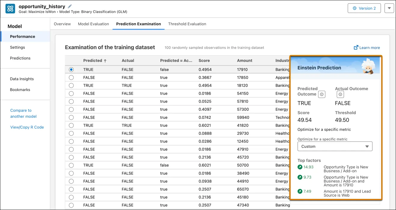 Prediction Examination screen for the model