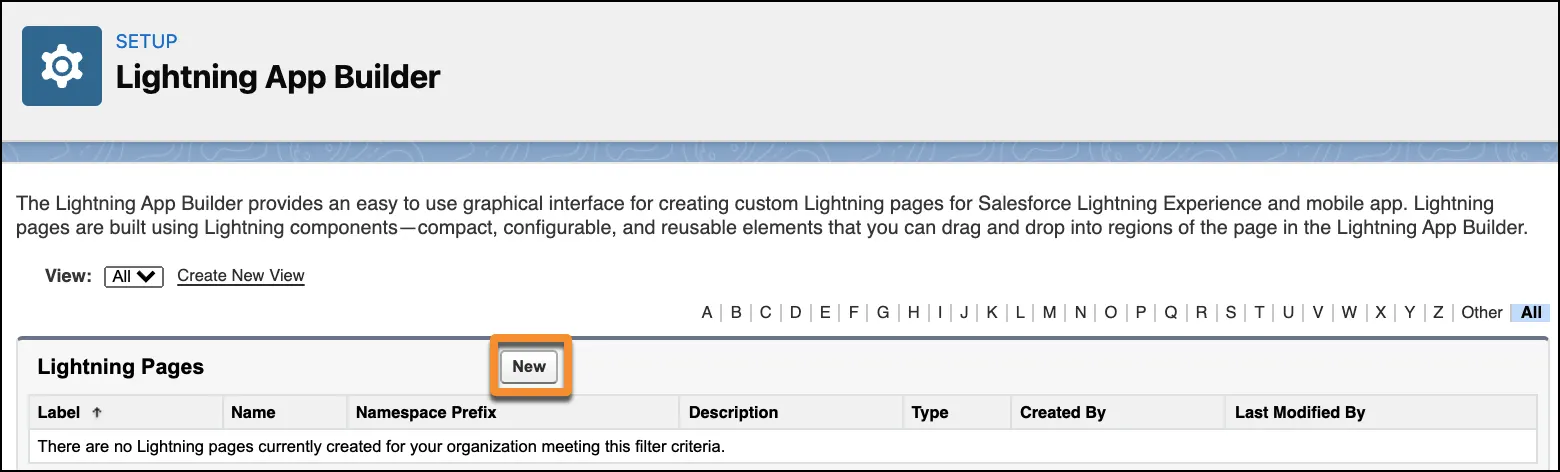 Lightning App Builder with the New button selected