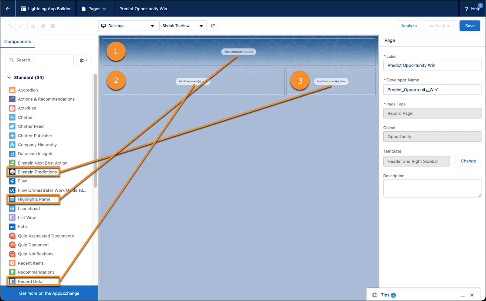 Lightning App Builder showing which components to drag to which part of the page