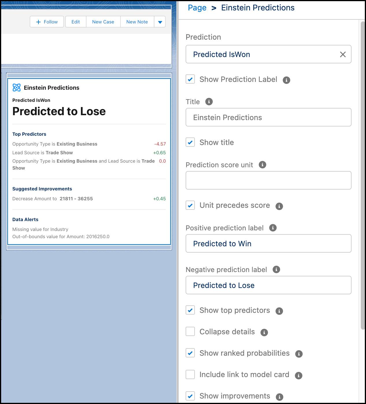 Shows prediction component setting and preview