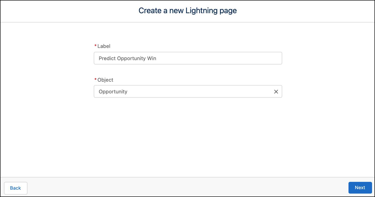 Bildschirm zum Erstellen einer neuen Lightning-Seite mit den ausgefüllten Feldern 'Bezeichnung' und 'Objekt'