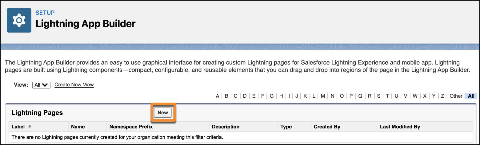 Lightning App Builder (Generador de aplicaciones Lightning) con el botón New (Nuevo) seleccionado