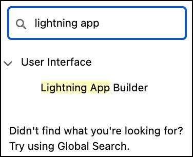 Búsqueda del Generador de aplicaciones Lightning en el cuadro Búsqueda rápida